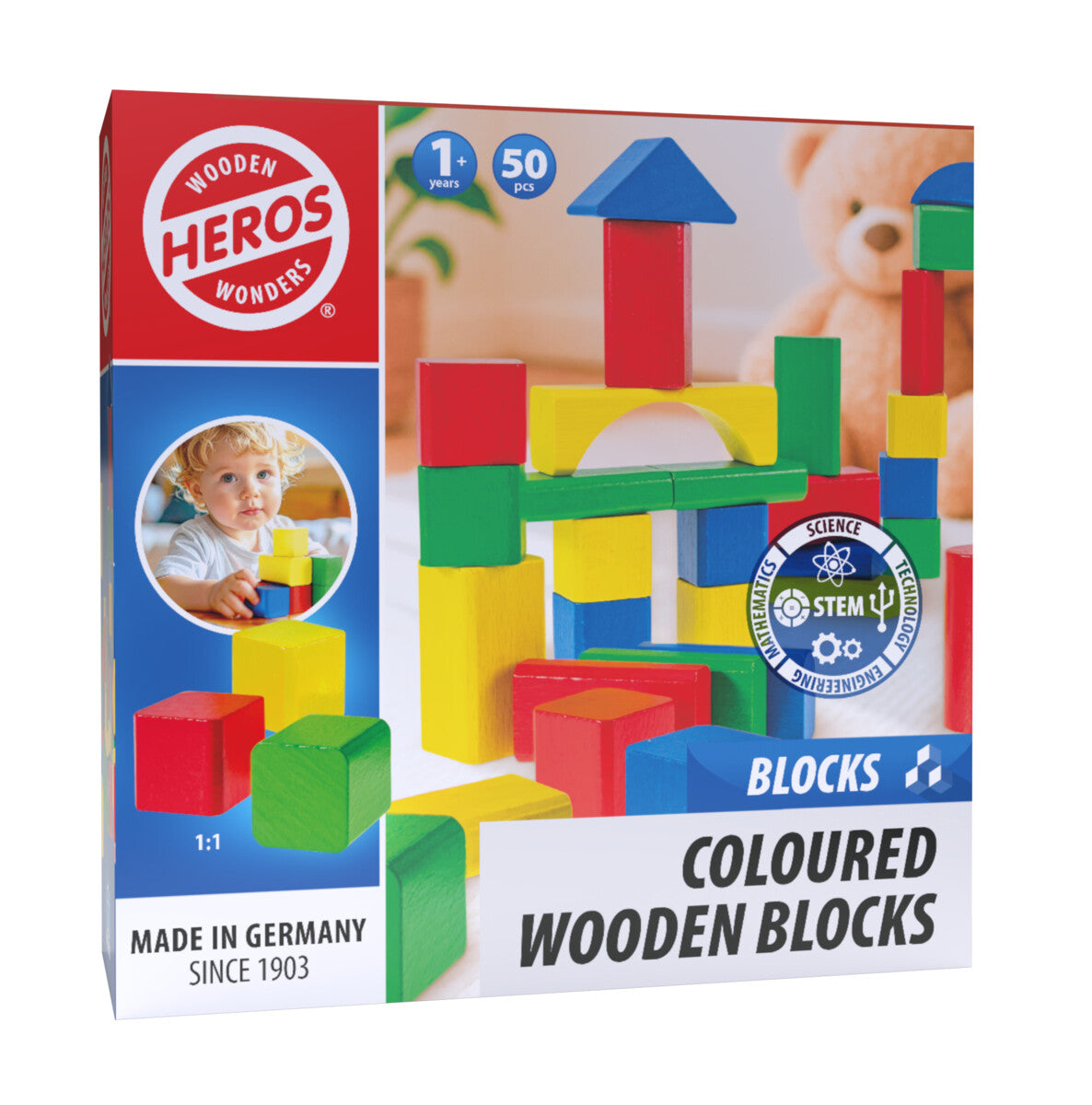 Heros Blocks Coloured Wooden Blocks 50pcs Compact